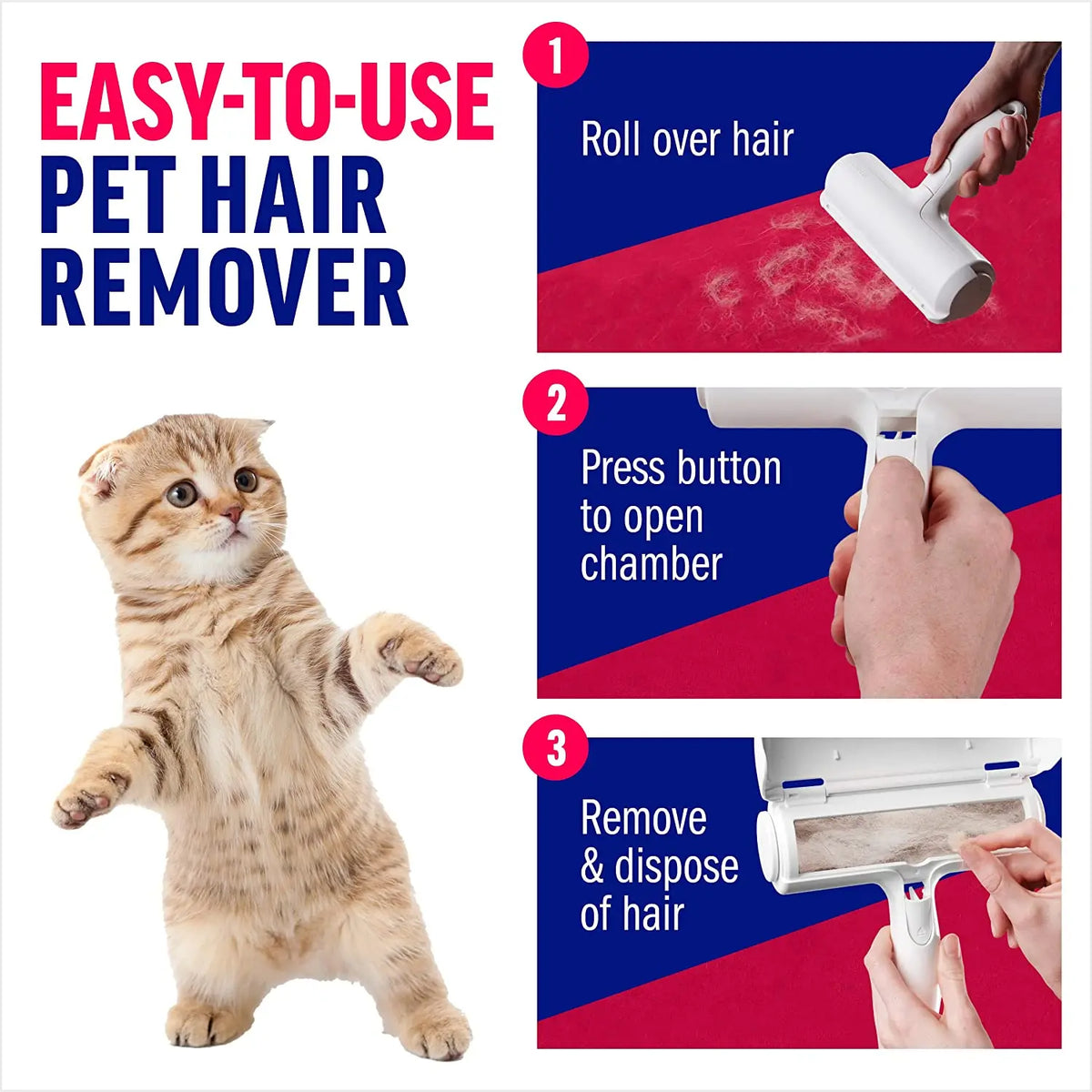 Supplier instructions: roll over fabric, press the button to open the chamber, and empty collected pet hair